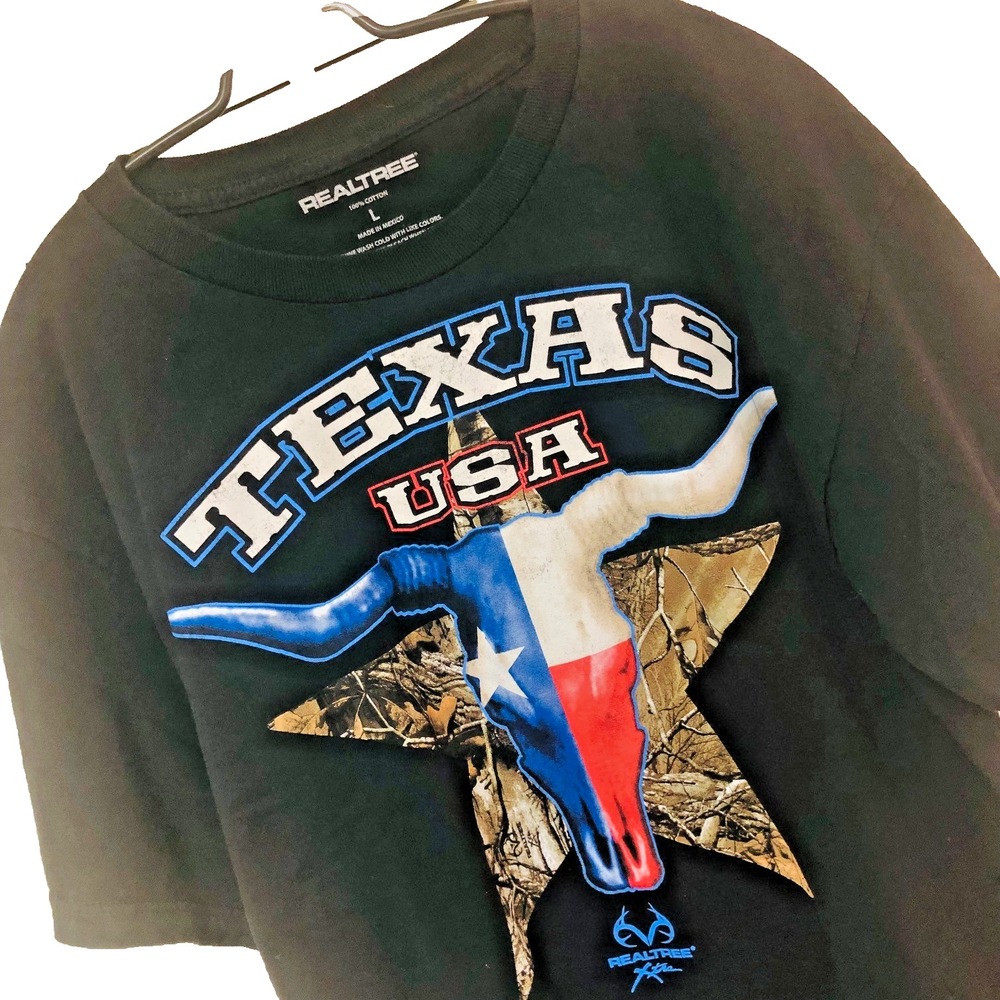 Realtree Mens L Texas T Shirt Camo Short Sleeve USA Longhorn‎ Cotton